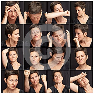 Set of negative emotions of an adult woman with short and gray hair. Black background, close-up.