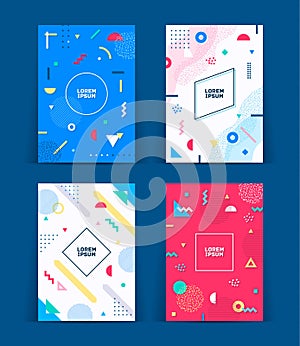 Set of neo memphis style covers. Collection of cool bright covers. Abstract shapes compositions. Vector.