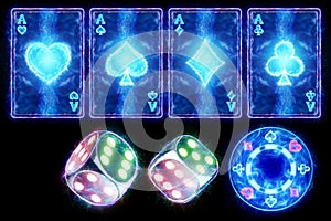 A set of neon cards aces of all stripes, a neon casino chip and dice. Concept for online casino, gambling, online money games,