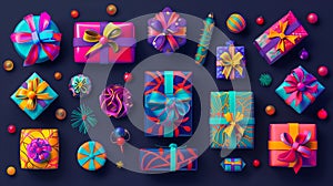 A set of neon Christmas elements isolated on a homogeneous background. gift wrapping neon, new year, Christmas.