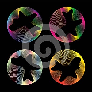 Set of neon colored round curve glowing circles with wavy dynamic lines isolated on black background. Circular frame