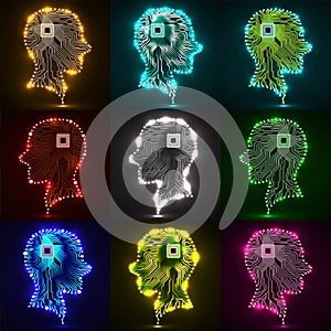 Set of neon human head. Cpu. Circuit board
