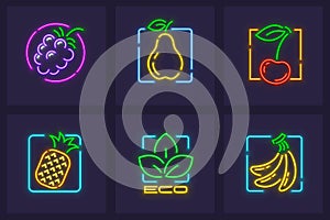 Set of neon icons fruits and berries