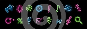 Set of neon icons isolated on black background for social media or business: questional, exclamation mark, musical note