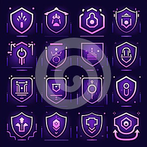 Set of neon icons on the theme of security and protection. Vector illustration