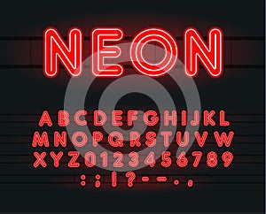 Set of neon letters, numbers and signs. Vector Alphabet for Bar, Cinema, slot machines and Casino. Vectors. Red