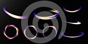 Set of neon light rings. Whirlwind effect. Curve blue, purple, gold line light effect. Abstract dark background, rings