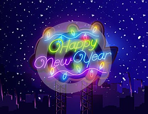 Set neon logo, label, emblem. Happy New Year and Merry Christmas. Neon sign, bright signboard, light banner. Vector poster, banner