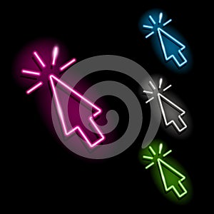 Set of neon mouse cursor click icons in four different colours isolated on black background. Web, computer, select