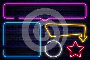 Set of neon signs, arrow, rectangle, square, circle and star. Neon light frame, glowing bulb banner