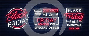 Set of neon signs, posters, brochures on the Black Friday sale.