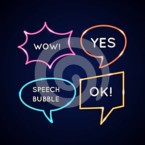 Set neon speech bubbles and blank template for quotes.