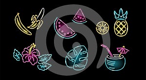 Set of neon summer icons or logos isolated on black background: banana, watermelon, pineapple, hibiscus, monstera.