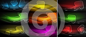 Set of neon techno arrows, digital vector abstract backgrounds