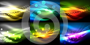 Set of neon wave backgrounds with light effects, curvy lines with glittering and shiny dots, glowing colors in darkness