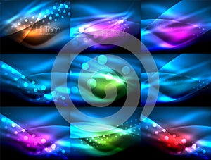 Set of neon wave backgrounds with light effects, curvy lines with glittering and shiny dots, glowing colors in darkness