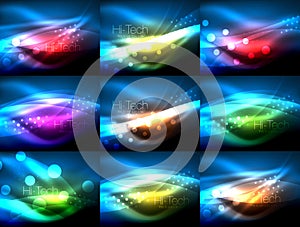 Set of neon wave backgrounds with light effects, curvy lines with glittering and shiny dots, glowing colors in darkness