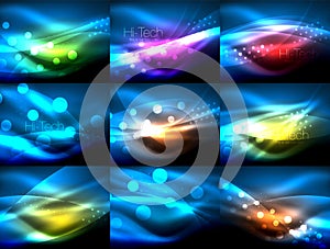 Set of neon wave backgrounds with light effects, curvy lines with glittering and shiny dots, glowing colors in darkness