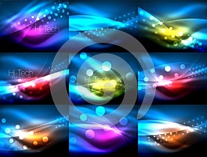 Set of neon wave backgrounds with light effects, curvy lines with glittering and shiny dots, glowing colors in darkness