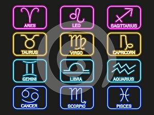 Set neon zodiac signs. Astrology