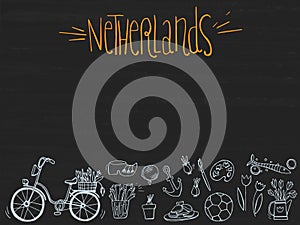 Set of Netherlands icon doodles on chalkboard. Hand drawn sketched. Vector Illustration.