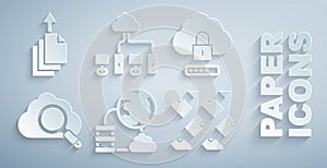 Set Network cloud connection, Cloud computing lock, Search, Data stream, Computer network and export icon. Vector