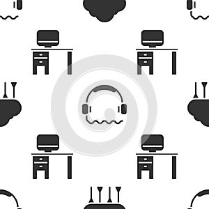 Set Network cloud connection, Headphones and Computer monitor and desk on seamless pattern. Vector