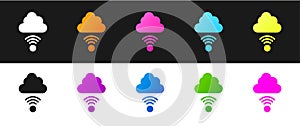 Set Network cloud connection icon isolated on black and white background. Social technology. Cloud computing concept