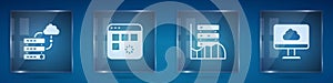 Set Network cloud connection, Loading data window, Server, Data, Web Hosting and Cloud technology transfer. Square glass