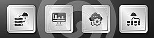 Set Network cloud connection, Monitor with graph chart, Cloud technology data transfer and Computer network icon. Silver