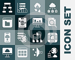 Set Network cloud connection, Processor with CPU, Search concept folder, Cloud hacking, Server, Data, Web Hosting