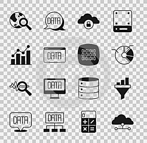 Set Network cloud connection, Sales funnel with chart, Pie infographic, Cloud computing lock, Data analysis, Search