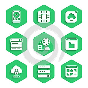 Set Network cloud connection, Server, Data, Web Hosting, Different files, Browser, Cloud computing lock, Search engine