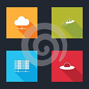 Set Network cloud connection, UFO flying spaceship and alien, Server, Data, Web Hosting and icon. Vector