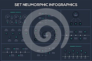 Set Neumorphic flowchart dark iinfographic. Creative concept for infographic with 3, 4, 5, 6, 7 options or processes