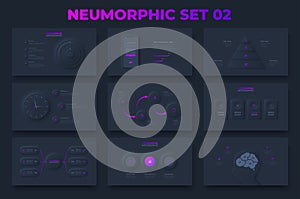 Set of neumorphism infographic elements for presentation on a dark background. Clock, smartphone, brain and flowchart