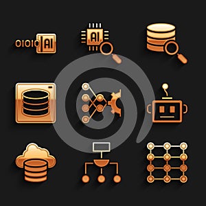 Set Neural network, Algorithm, Artificial intelligence robot, Cloud database, Server, Data, and Binary code icon. Vector