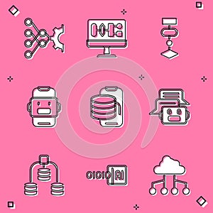 Set Neural network, Algorithm, Chat bot, Cloud technology data transfer, Server, Data and Binary code icon. Vector