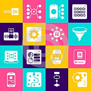 Set Neural network, Artificial intelligence AI, Funnel filter, Computer api interface, Binary code and icon. Vector