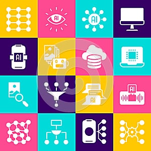 Set Neural network, Artificial intelligence AI, Processor CPU, robot, and Cloud database icon. Vector