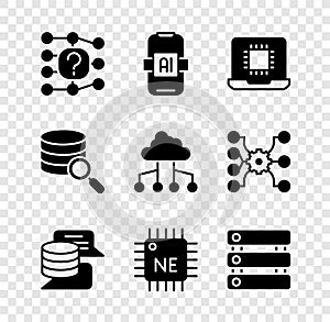 Set Neural network, Artificial intelligence AI, Processor CPU, Server, Data, and Network cloud connection icon. Vector