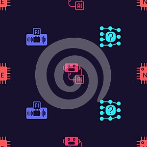Set Neural network, Artificial intelligence AI, robot and Processor CPU on seamless pattern. Vector