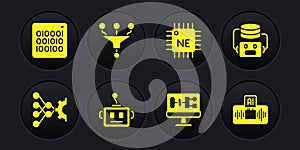 Set Neural network, Artificial intelligence robot, Algorithm, Processor CPU, Funnel filter, AI and Binary code icon