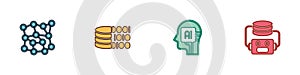 Set Neural network, Binary code, Humanoid robot and Artificial intelligence icon. Vector