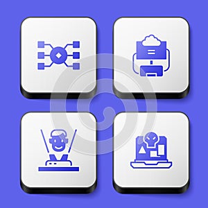 Set Neural network, Cloud database, Hologram and Internet piracy icon. White square button. Vector