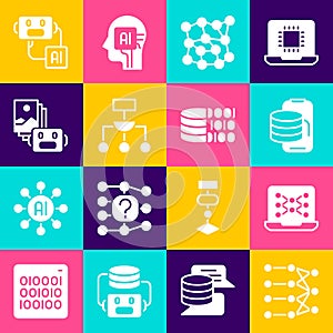 Set Neural network, Cloud technology data transfer, Algorithm, Artificial intelligence robot, and Binary code icon