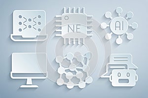 Set Neural network, Computer monitor, Chat bot, Processor CPU and icon. Vector
