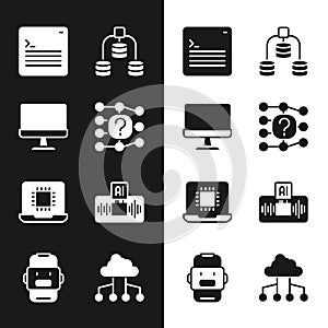 Set Neural network, Computer monitor, Web developer programming code, Server, Data, Processor CPU, Artificial