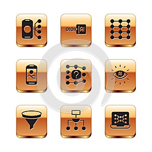 Set Neural network, Funnel filter, Algorithm, Mobile phone, and Binary code icon. Vector