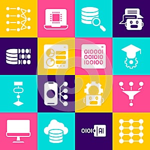 Set Neural network, Funnel filter, Graduation cap, Server, Computer api interface, Binary code, and icon. Vector